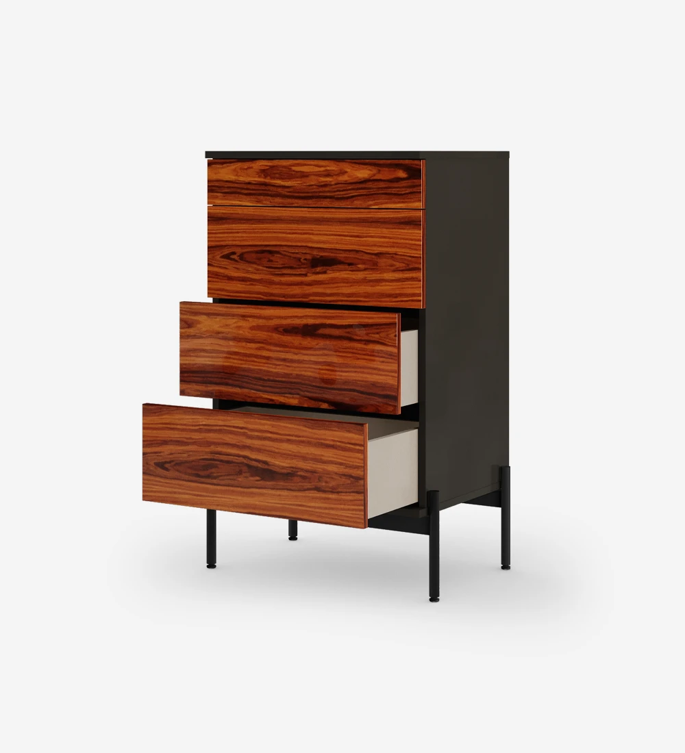 Dresser with 4 high gloss palisander drawers, black structure and black lacquered metallic feet with levelers.