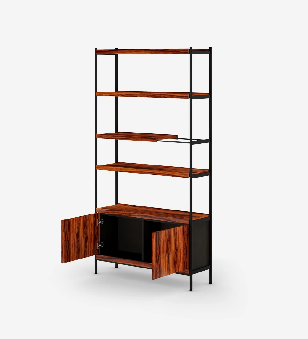 Double-sided bookcase with 2 doors module, in high gloss palissander, with black lacquered metal structure, feet with levelers.