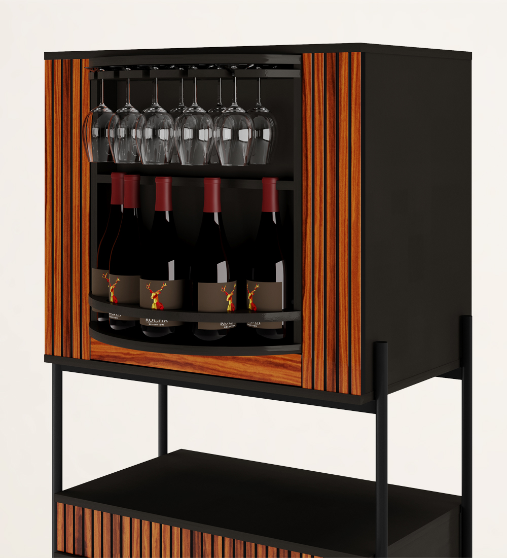 Bar cabinet with black structure, doors and drawer with friezes in high gloss palissander, black lacquered metal structure, feet with levelers. Rotating center with bottle and glass holder, back with mirror.