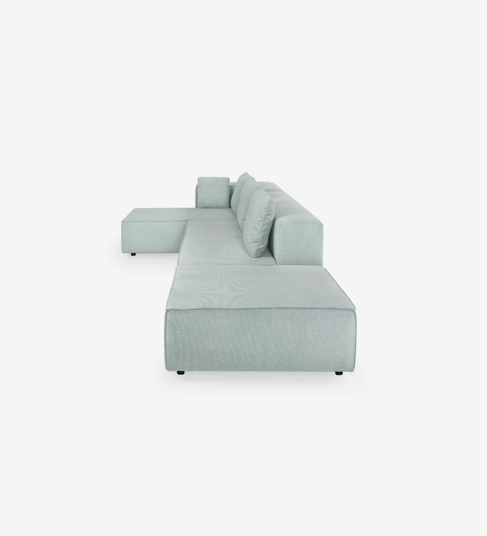 Canapé d'angle avec chaise longue et houppette, recouvert de tissu.