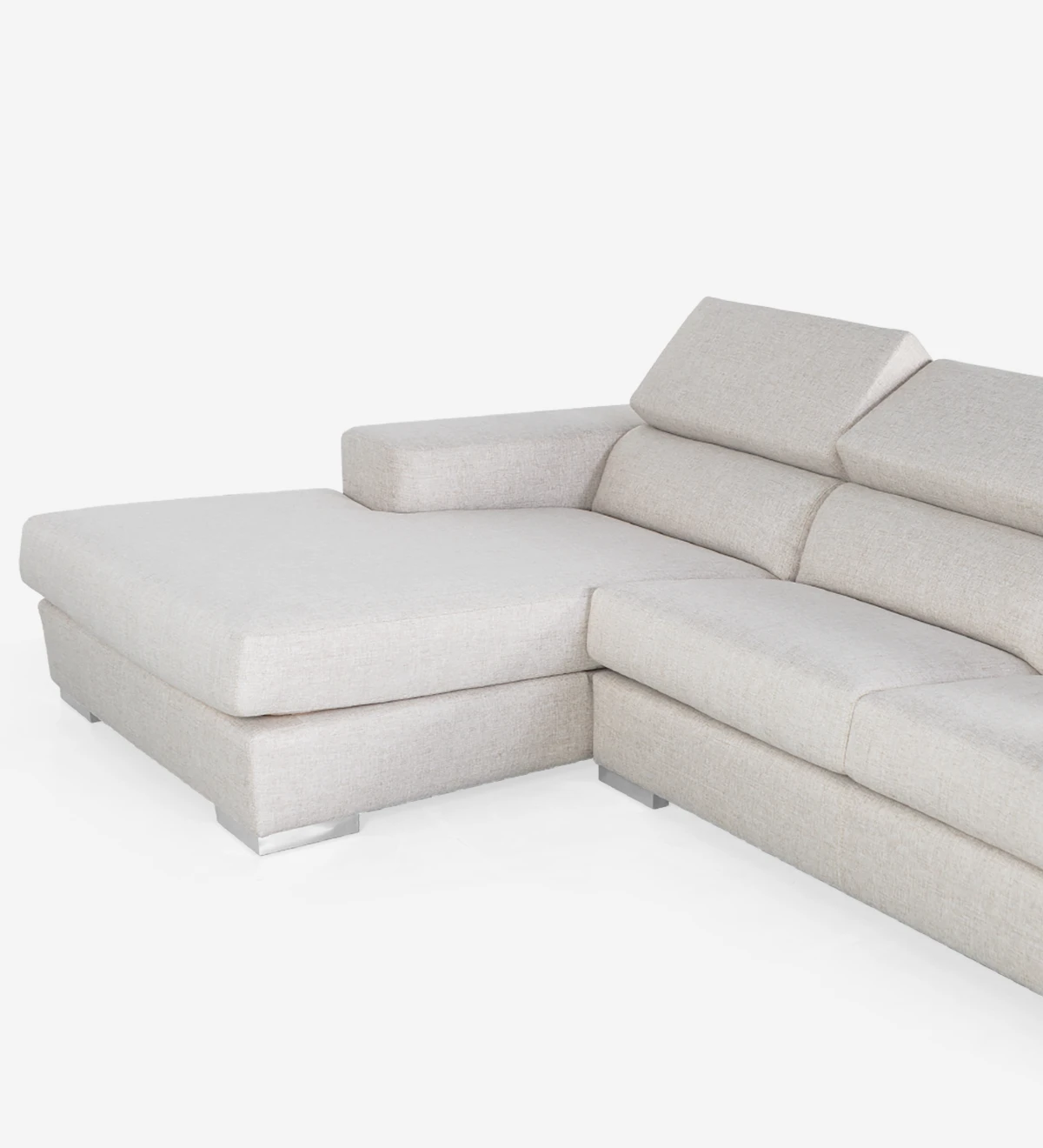 Canapé 2 places avec chaise longue rembourrée en tissu, avec têtières inclinables et pieds en métal.