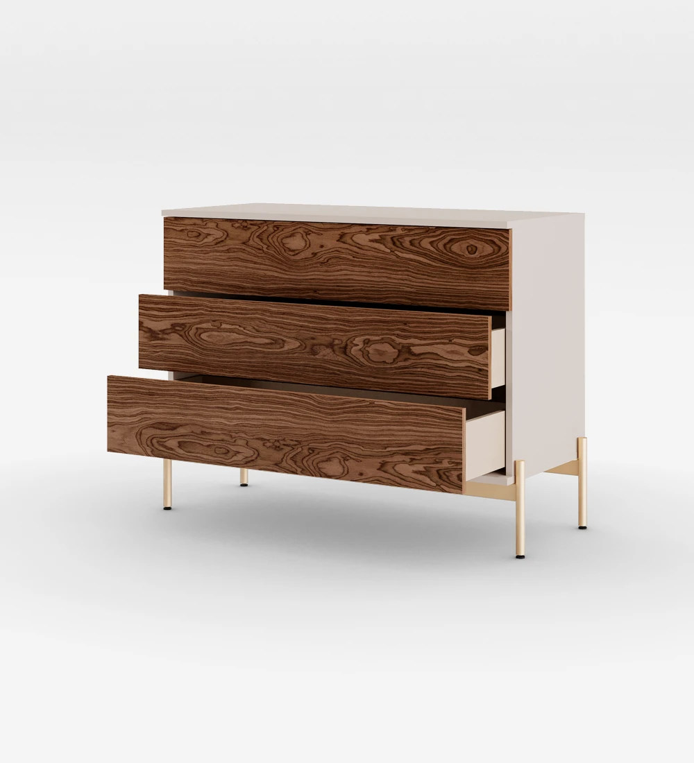 Dresser with 3 walnut drawers, pearl structure and golden lacquered metal feet with levelers.