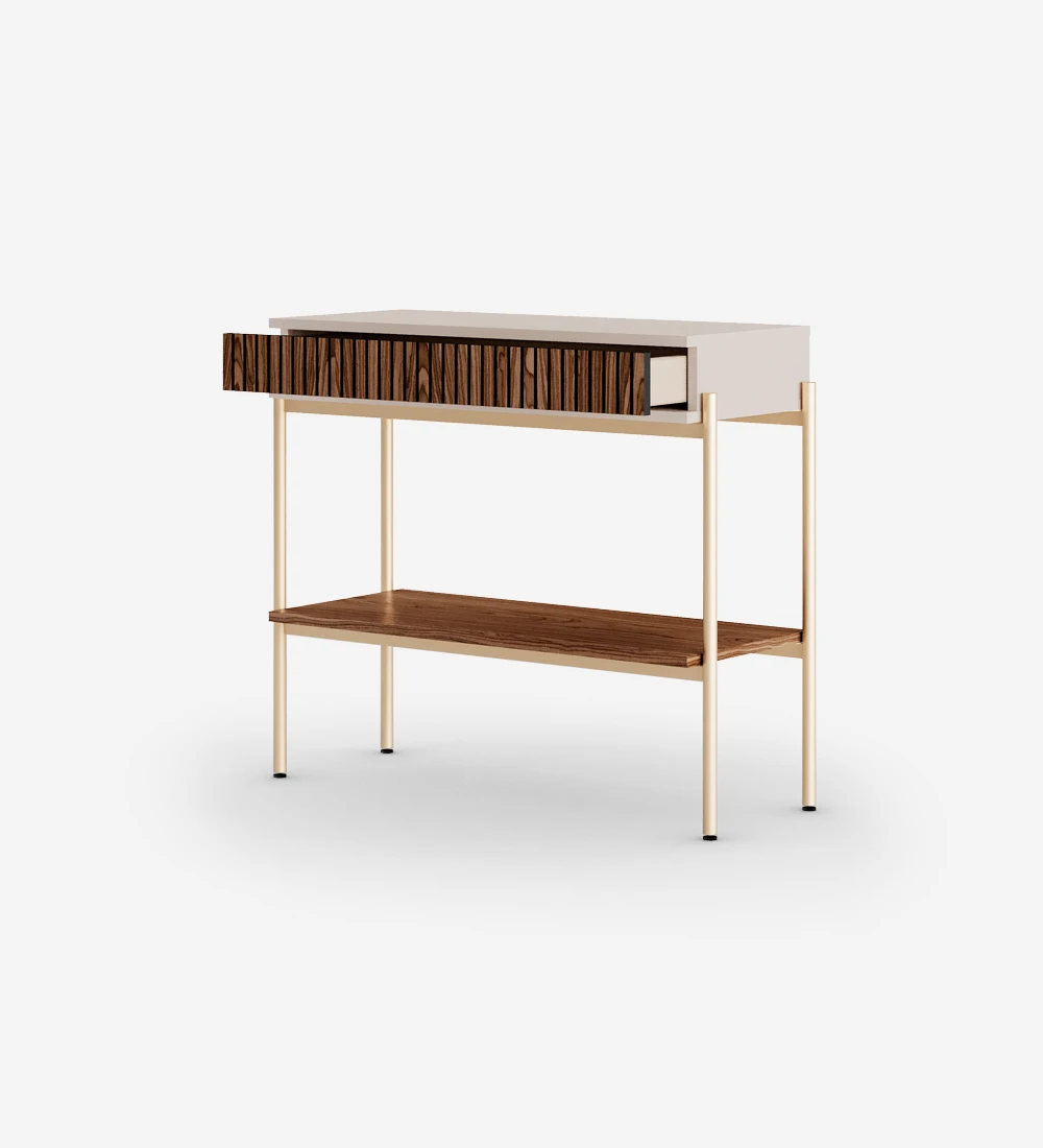 Console with drawer with friezes and shelf in walnut, pearl structure and golden lacquered metal feet with levelers.