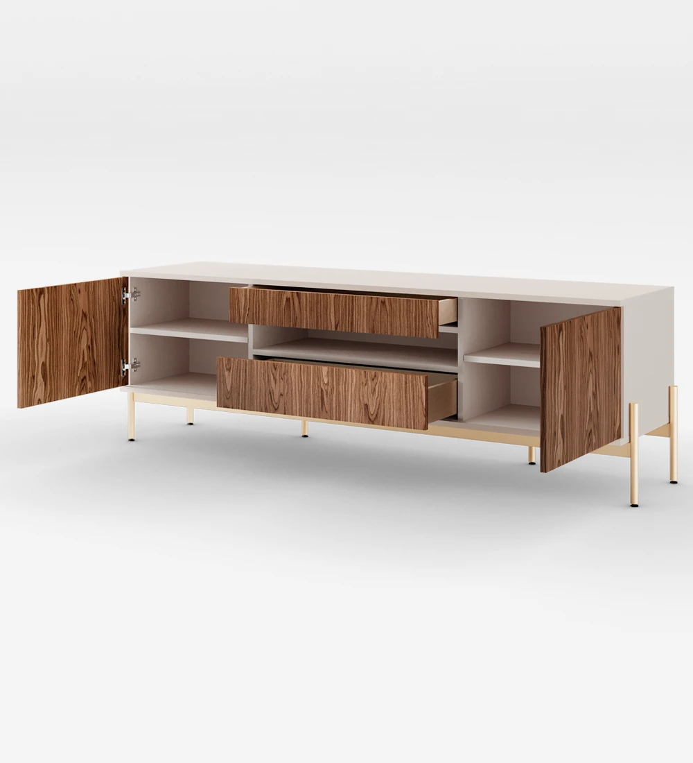 TV stand with two doors and two drawers in walnut, pearl structure and gold lacquered metal feet with levelers.
