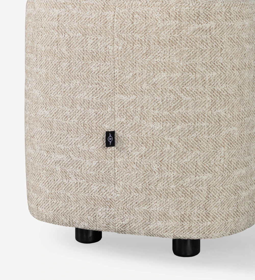 Fabric upholstered stool, black feet.