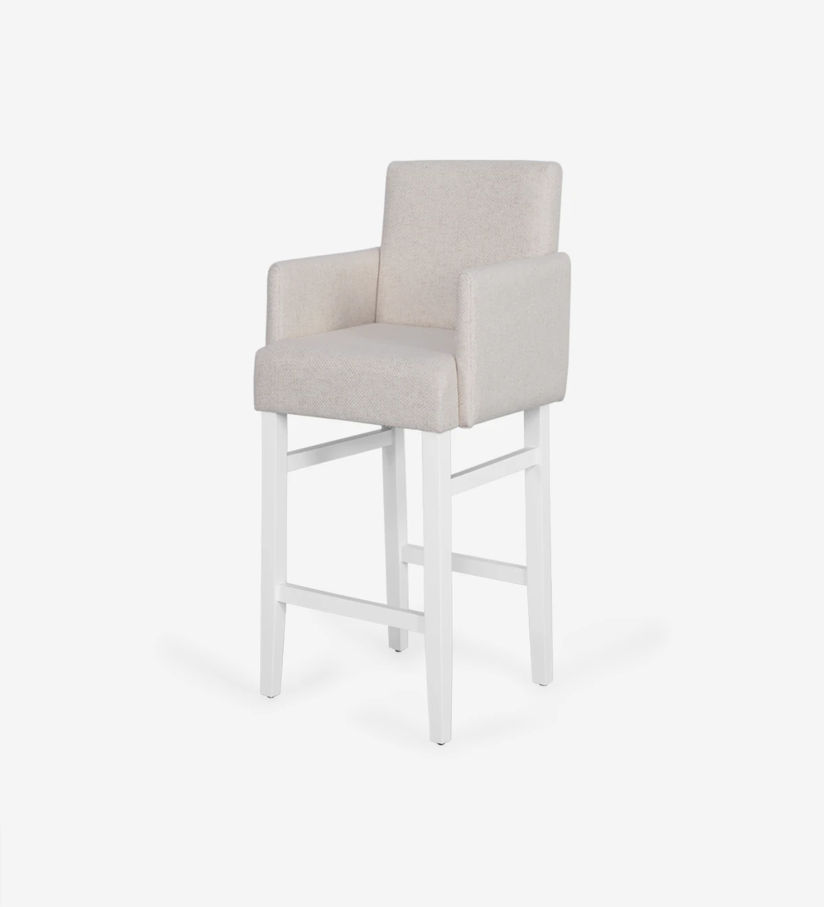 Stool with arms upholstered in fabric, with white lacquered feet.