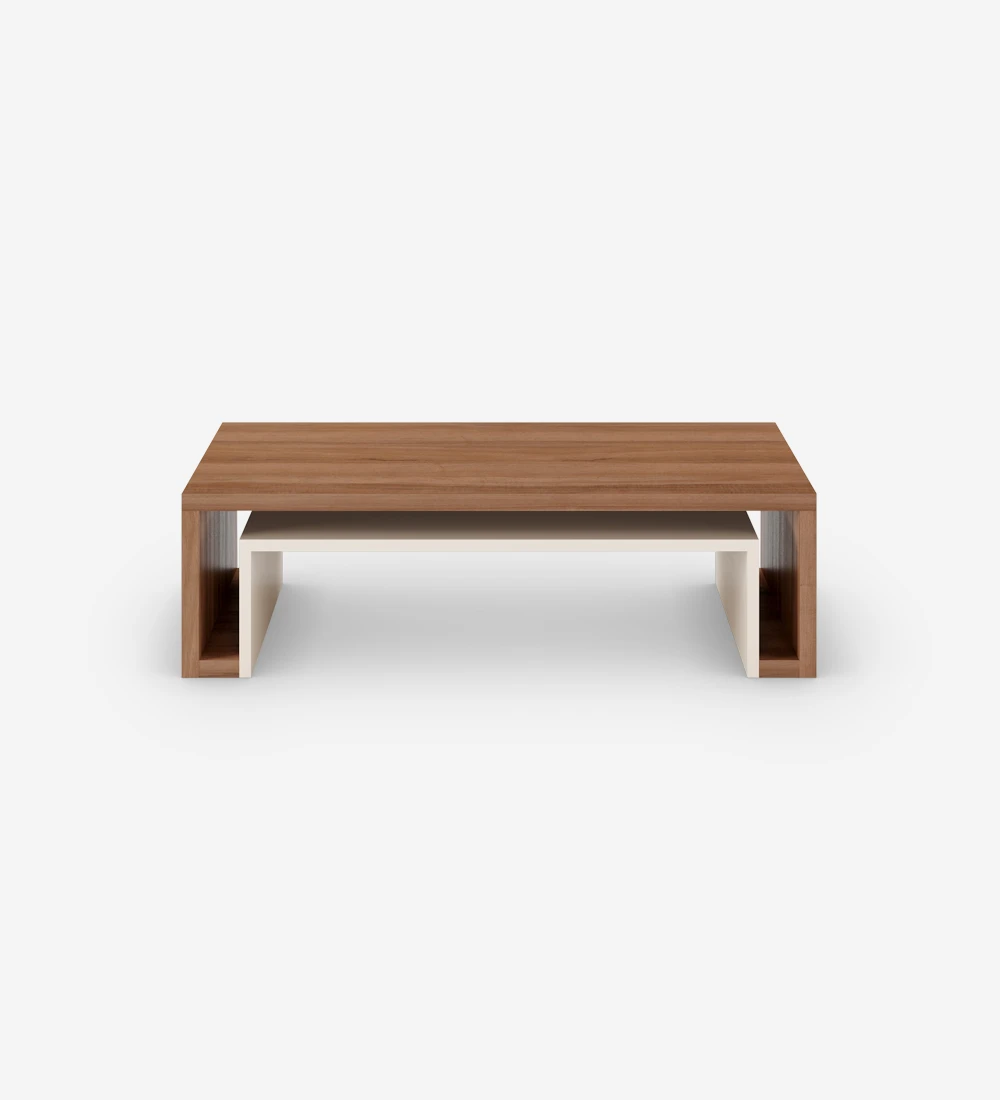 Rectangular walnut center table, with pearl interior detail.