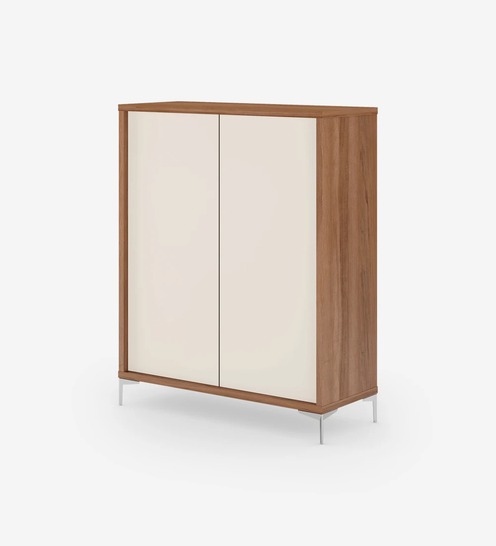 Cupboard with 2 pearl doors, walnut structure and metallic feet.