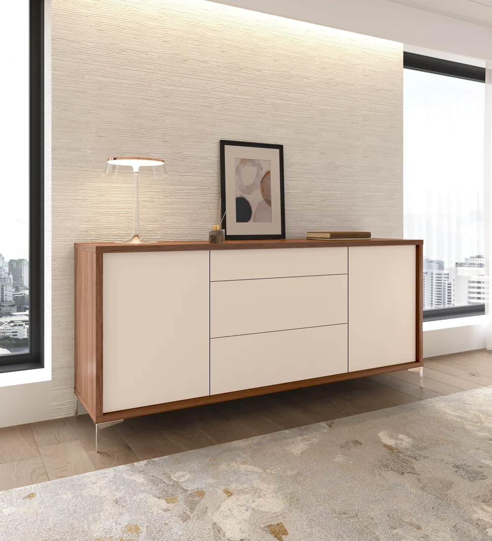 Sideboard with 2 doors and 3 drawers in pearl, walnut structure and metallic feet.
