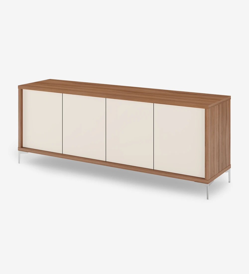 Tall sideboard with 4 pearl doors, walnut structure and metallic feet.