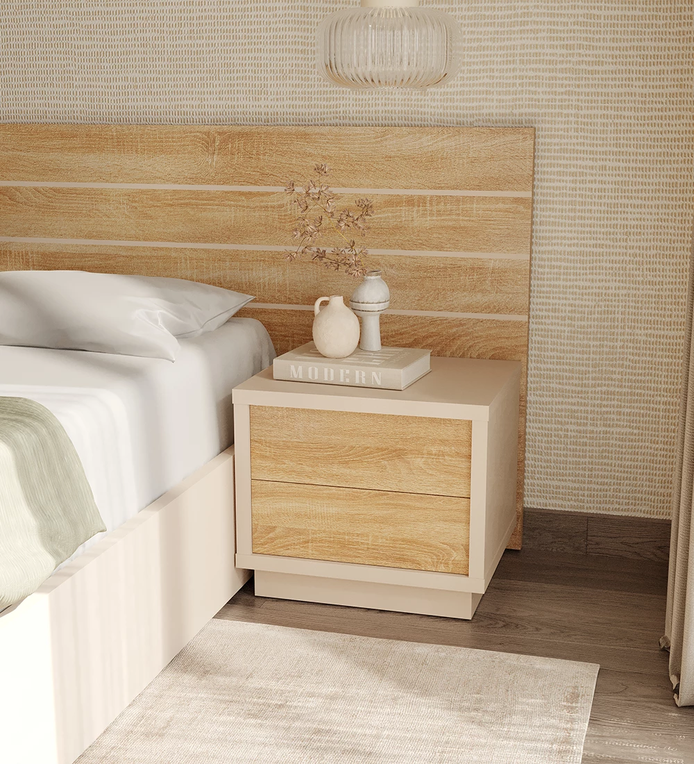 Bedside table with 2 drawers in natural oak, with structure in pearl.