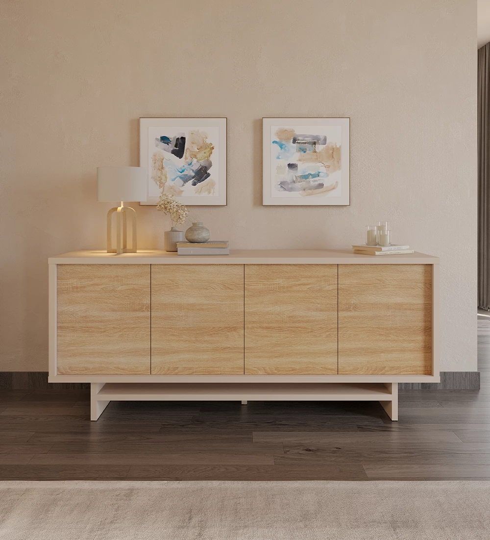 Sideboard with 4 doors in natural oak, with structure in pearl.