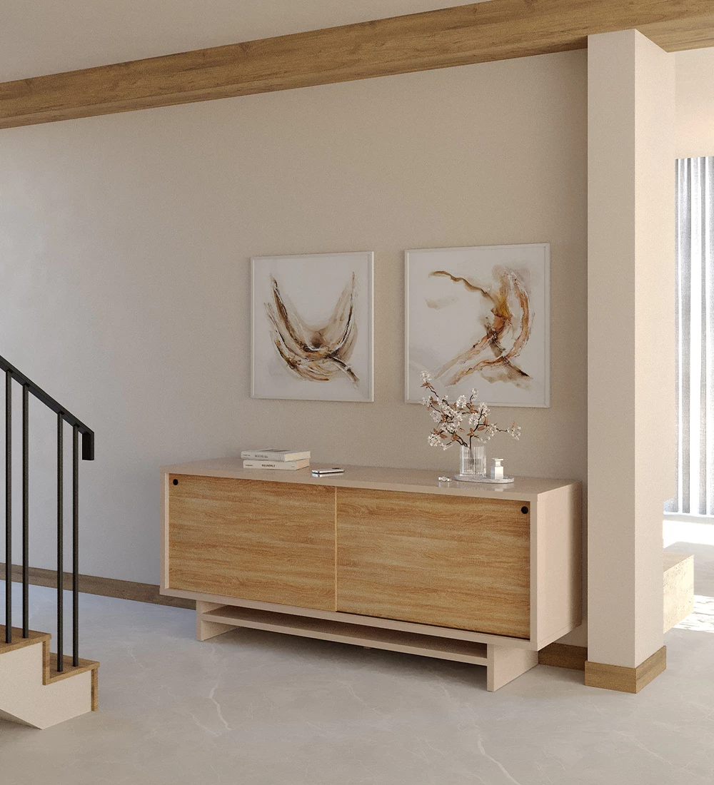 Sideboard with 2 sliding doors in natural oak, with structure in pearl.