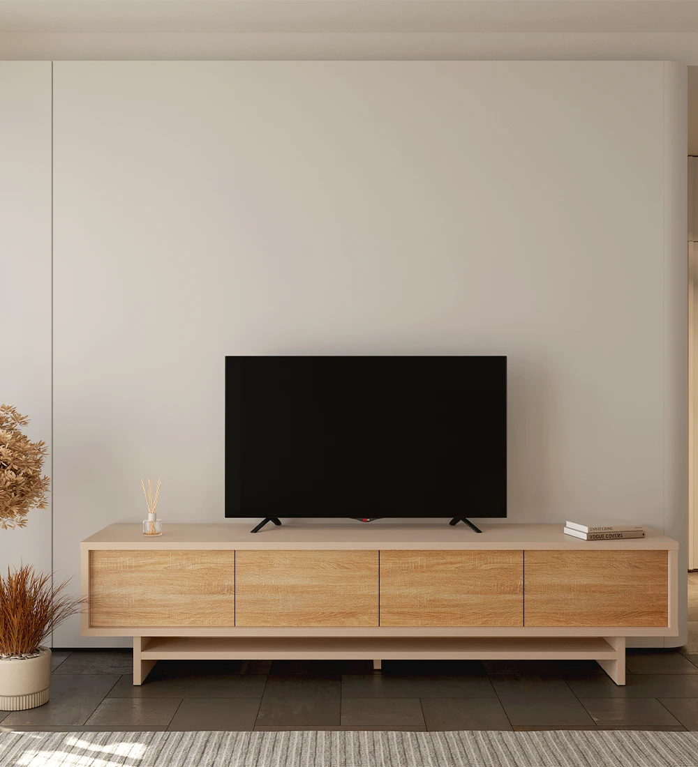 Mueble TV con 4 puertas en roble natural, con estructura en perla.