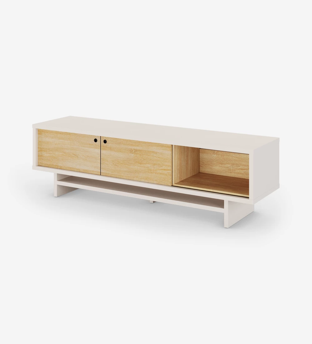 TV Stand with 2 sliding doors in natural oak, with structure in pearl.