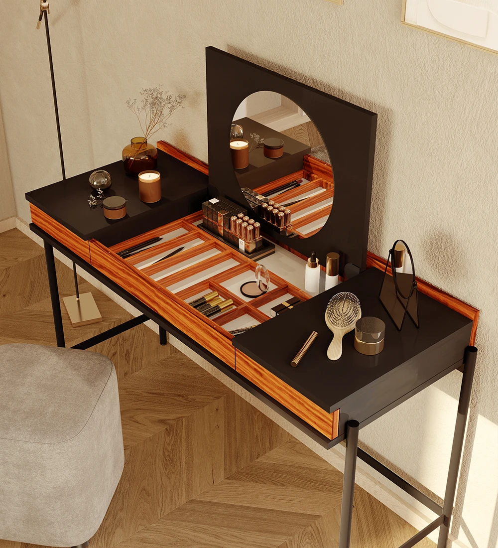 Dressing Table with 2 drawers in high gloss palisander, black structure and black lacquered metal feet with levelers.