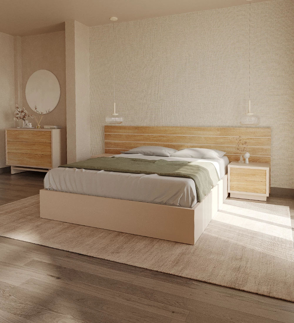 Double bed with natural oak headboard and pearl base, with storage through a lifting platform.