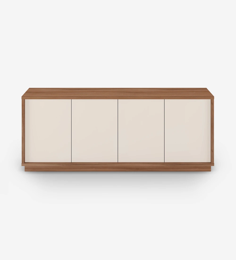 Sideboard with 4 doors in pearl, with structure and baseboard in walnut.