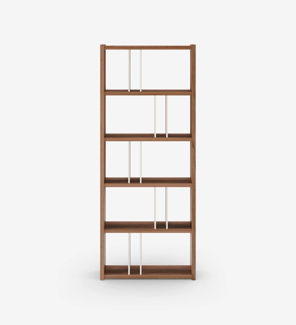 Vertical bookcase in walnut with inner sides in pearl.