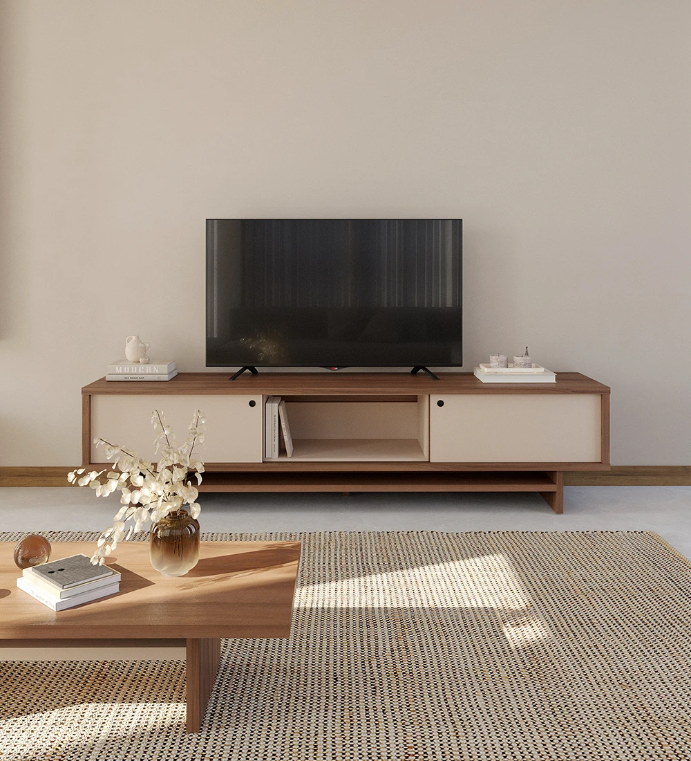 Mueble TV de 2 puertas correderas y módulo móvil en color perla, con estructura en nogal.
