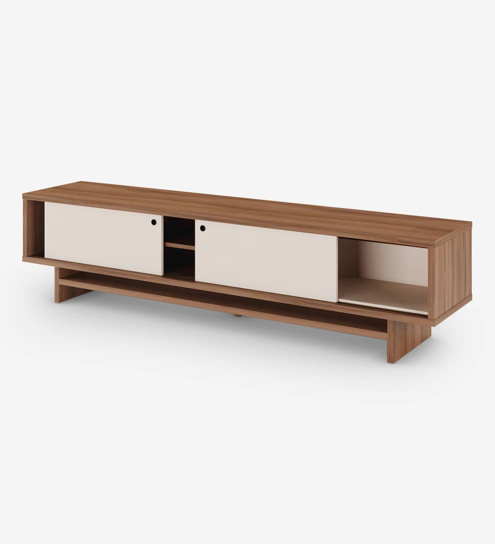 TV Stand with 2 sliding doors and movable module in pearl, with walnut structure.