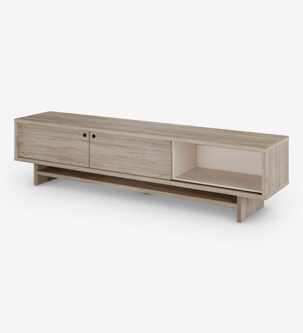 TV Stand with 2 sliding doors and structure in decapé oak, with movable module in pearl.