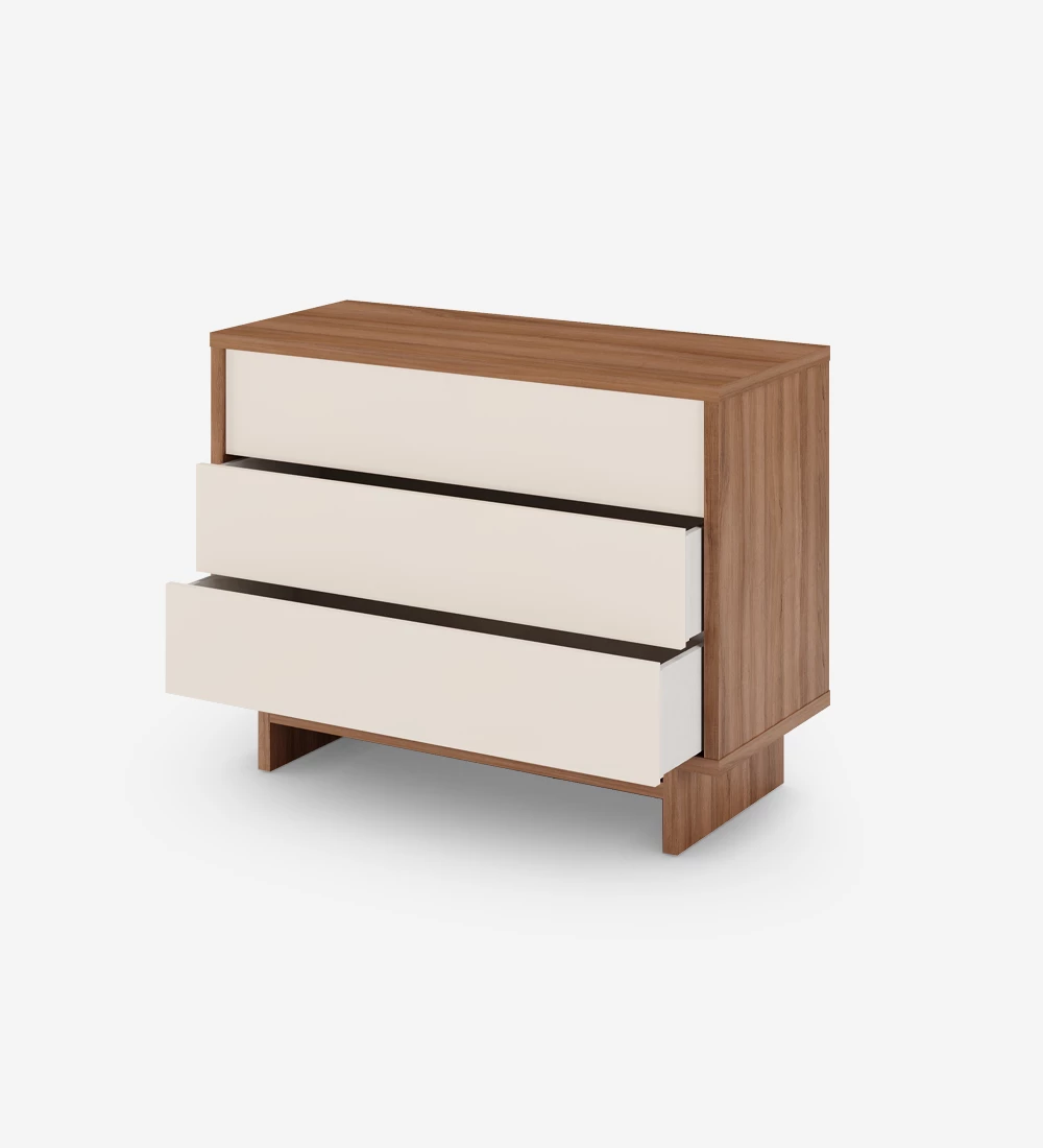 Dresser with 3 drawers in pearl, with structure in walnut.