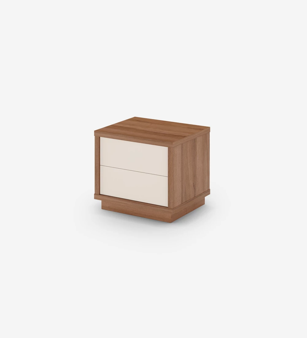Bedside table with 2 drawers in pearl, with structure in walnut.