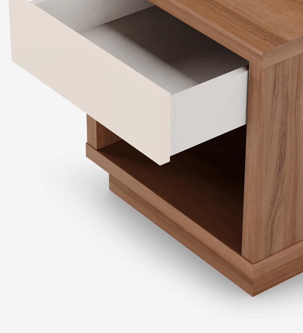 Bedside table with 1 drawer in walnut, with structure in pearl.