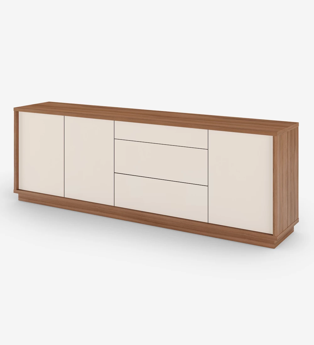 Sideboard with 3 doors and 3 drawers in pearl, with structure and baseboard in walnut.