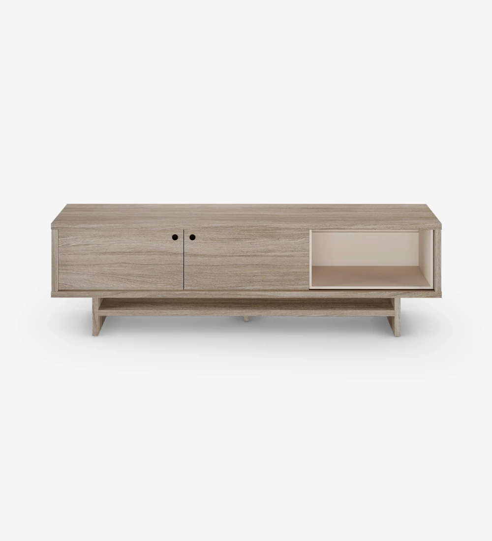 TV Stand with 2 sliding doors and structure in decapé oak, with movable module in pearl.