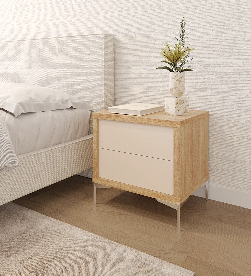 Bedside table with 2 pearl drawers, natural oak structure and metallic feet.