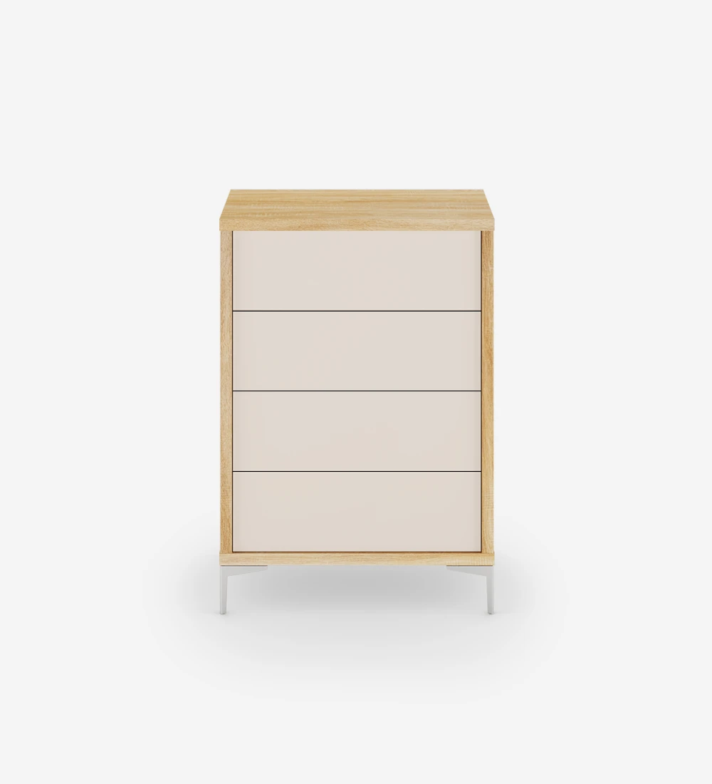 Dresser with 4 pearl drawers, natural oak structure and metallic feet.