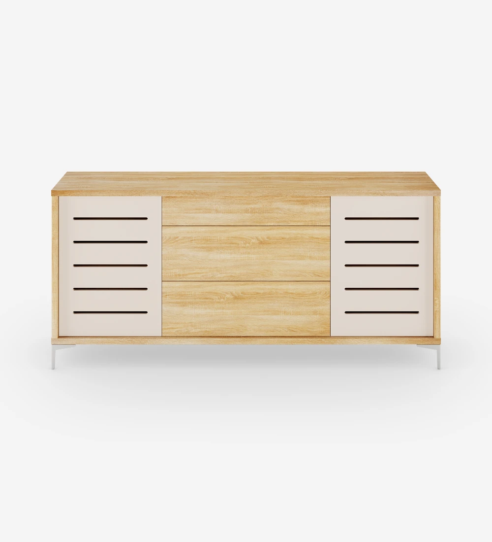 Sideboard with 2 pearl doors with friezes, 3 drawers and structure in natural oak and metallic feet.