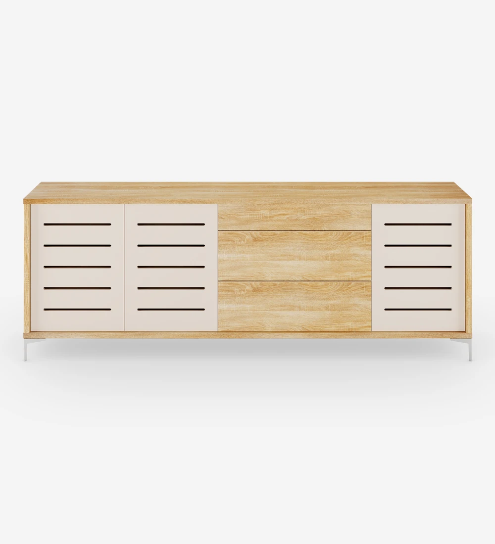 Sideboard with 3 pearl doors with friezes, 3 drawers and structure in natural oak and metallic feet.