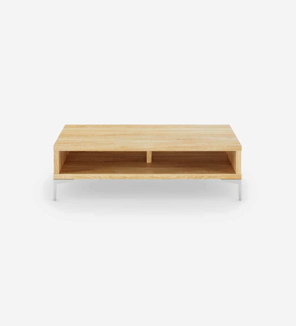 Table basse rectangulaire en chêne naturel, avec pieds en métal.