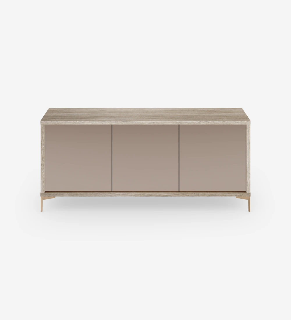 Sideboard with 3 rosé mirror doors, with decapé oak structure and golden metallic feet.