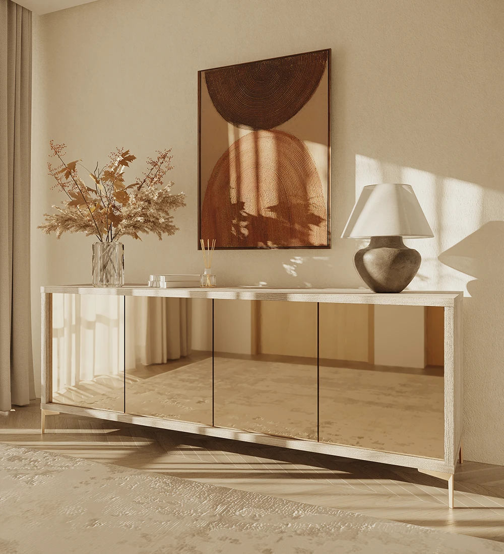 Sideboard with 4 rosé mirror doors, with decapé oak structure and golden metallic feet.