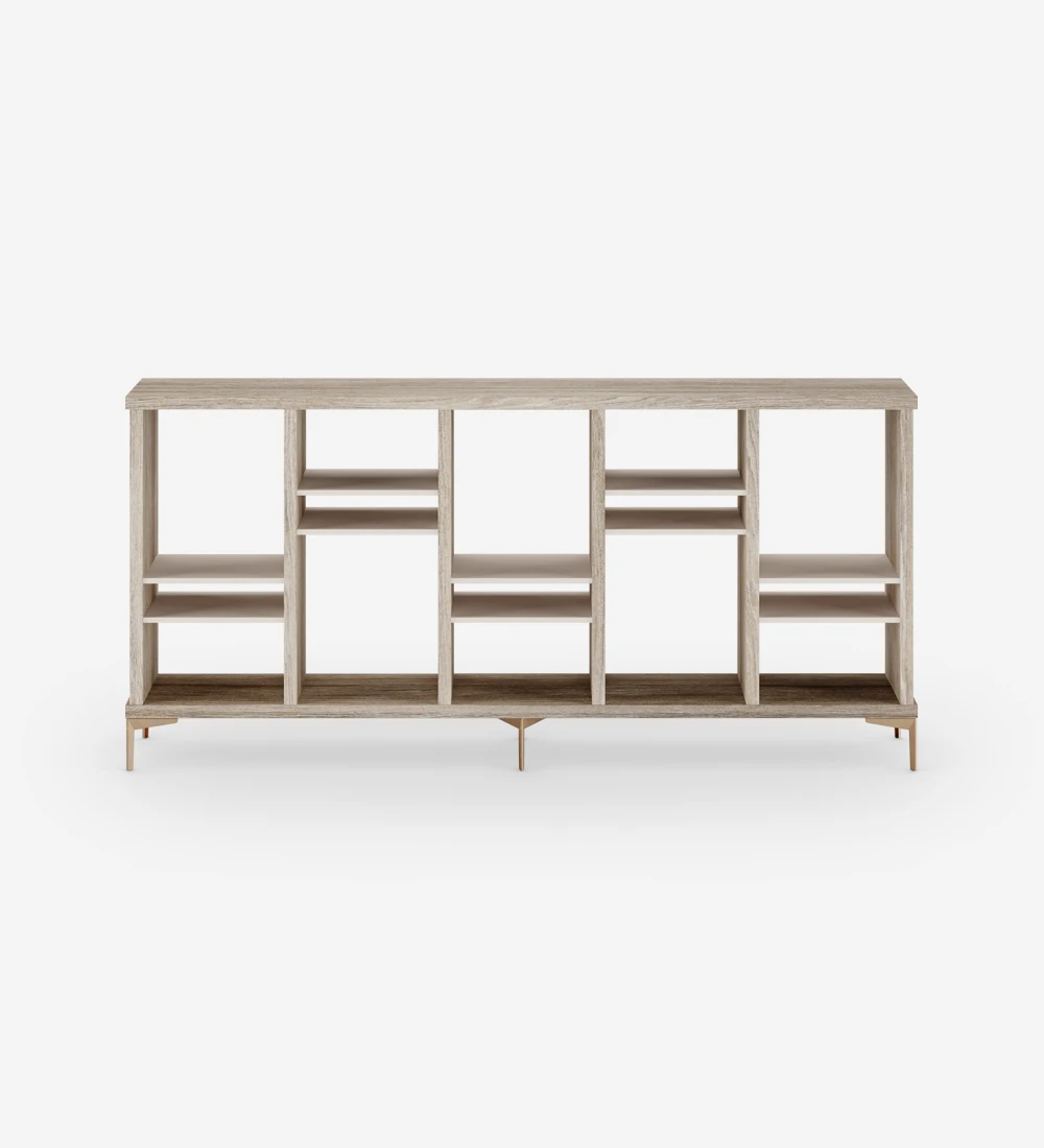 Decapé oak console, with pearl shelves and golden metallic feet.