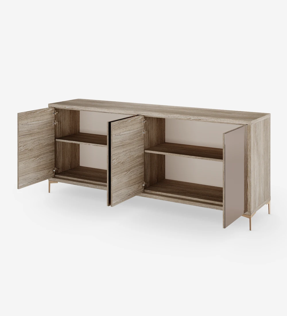 Tall sideboard with 4 rosé mirror doors, with decapé oak structure and golden metallic feet.