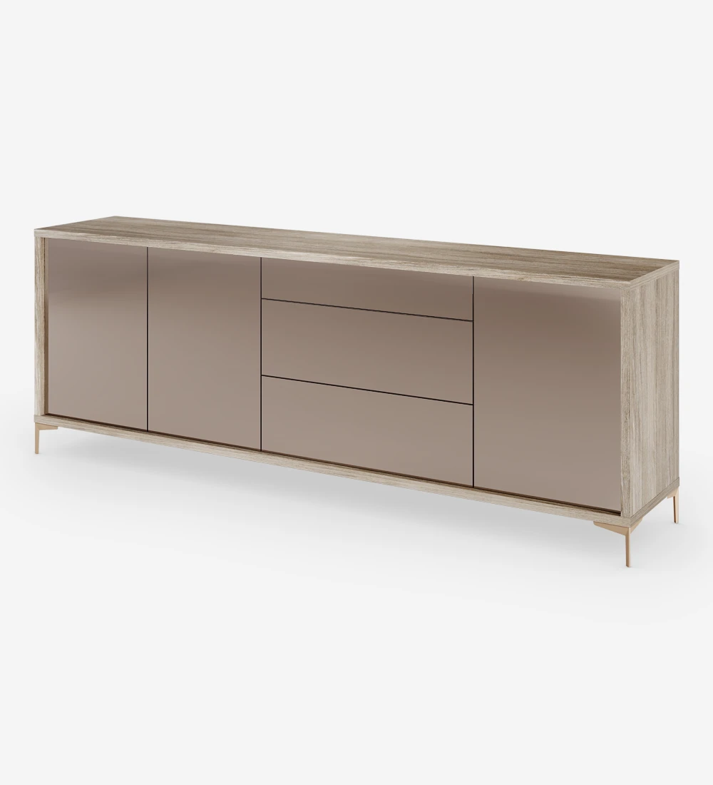 Sideboard with 3 doors and 3 drawers in rosé mirror, with decapé oak structure and golden metallic feet.
