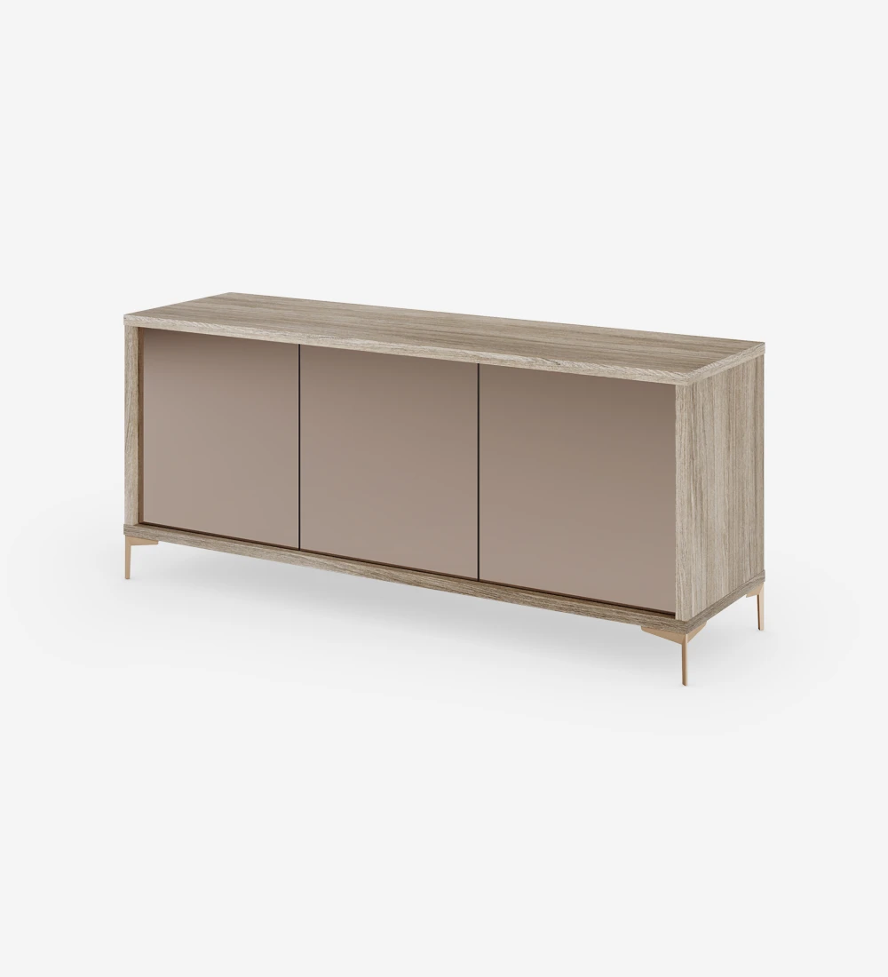 Sideboard with 3 rosé mirror doors, with decapé oak structure and golden metallic feet.