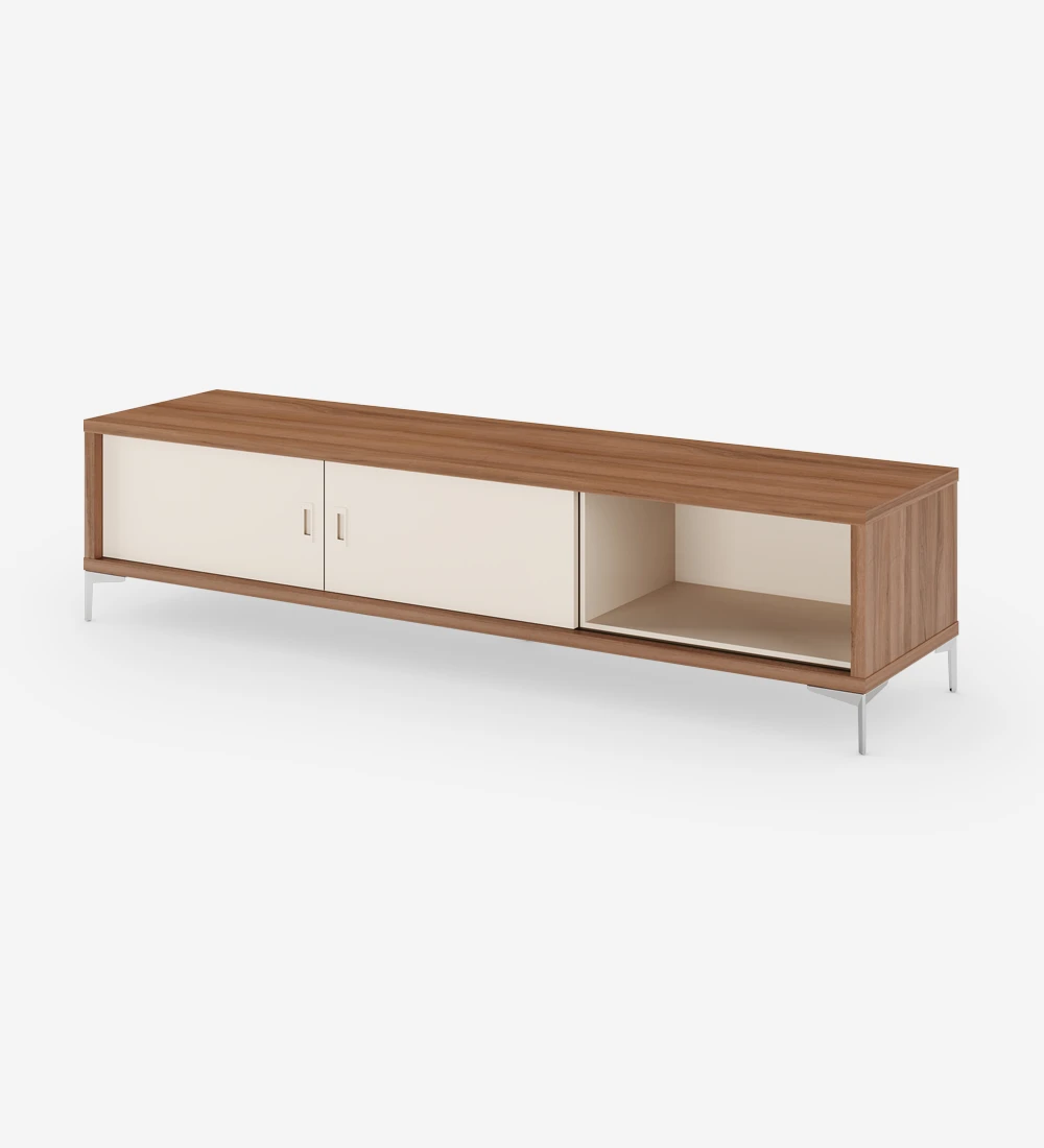 TV Stand with 2 sliding pearl doors, walnut structure and metallic feet.