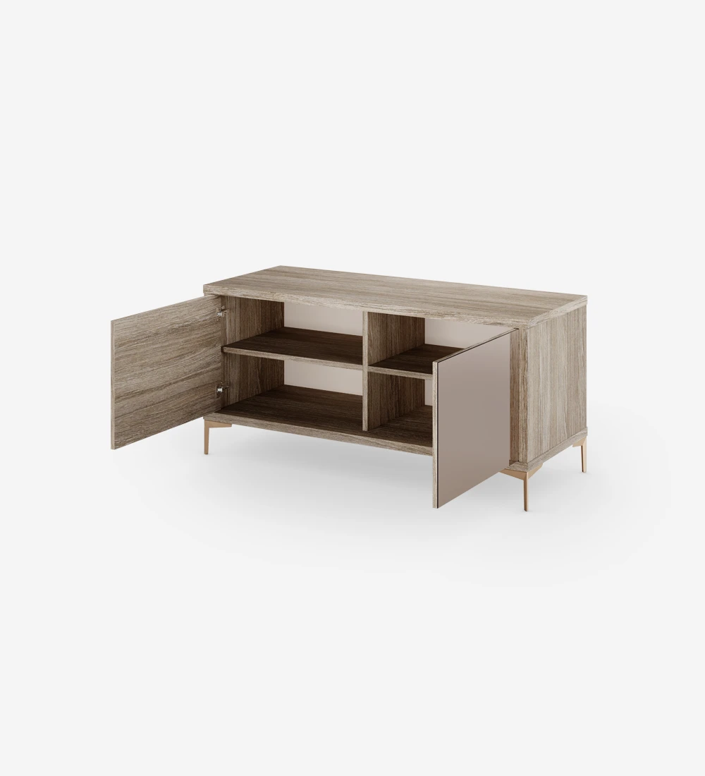 TV Stand with 2 rosé mirror doors, with decapé oak structure and golden metallic feet.