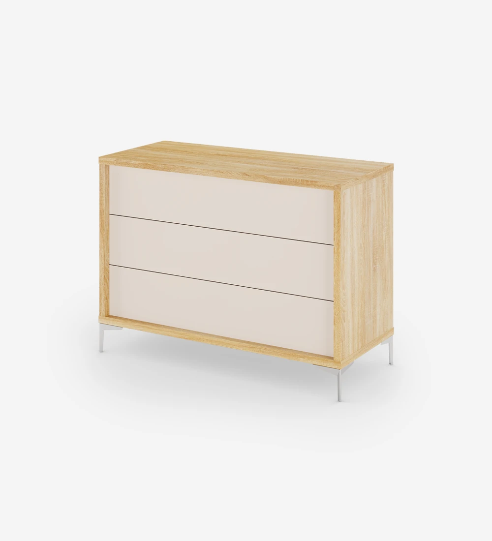 Dresser with 3 pearl drawers, natural oak structure and metallic feet.