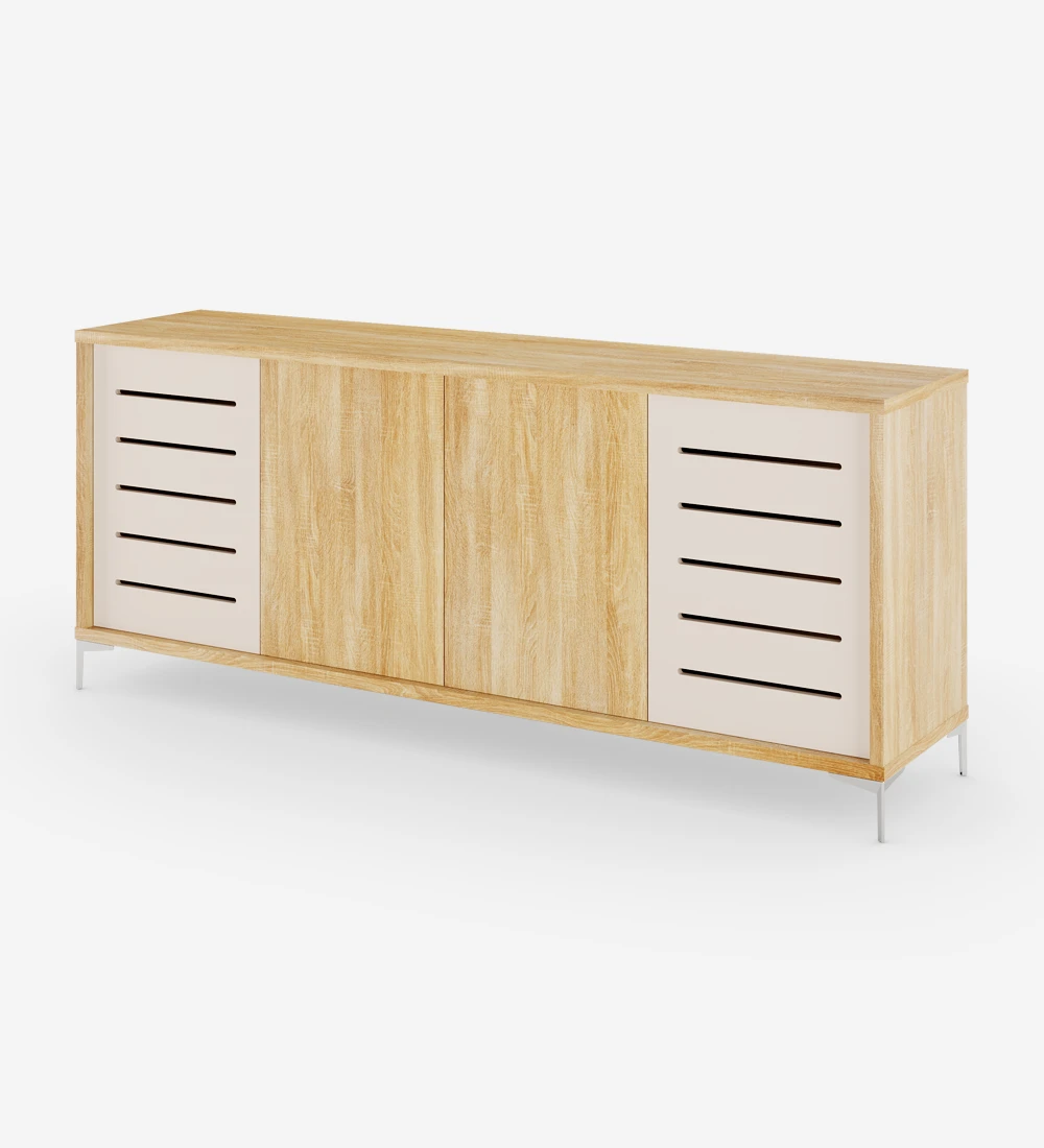 Tall sideboard with 2 pearl side doors with friezes, 2 central doors and structure in natural oak and metallic feet.