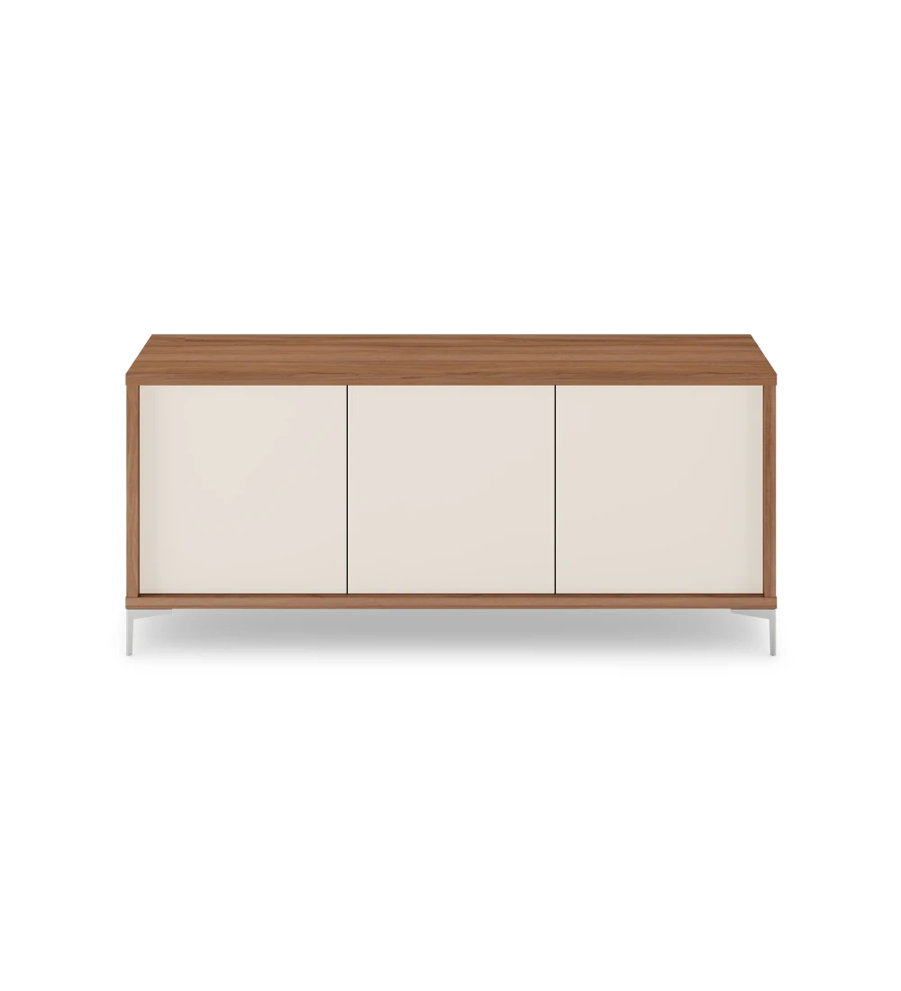 Sideboard with 3 pearl doors, walnut structure and metallic feet.