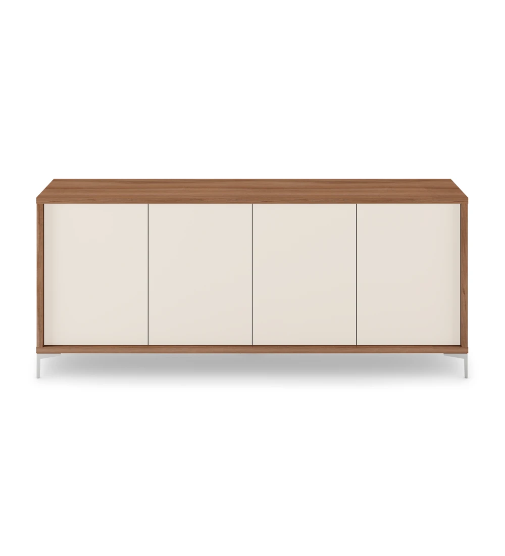 Tall sideboard with 4 pearl doors, walnut structure and metallic feet.