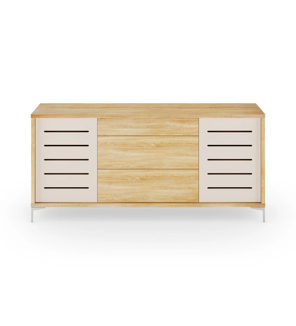 Sideboard with 2 pearl doors with friezes, 3 drawers and structure in natural oak and metallic feet.