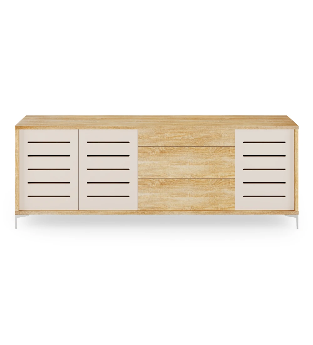 Sideboard with 3 pearl doors with friezes, 3 drawers and structure in natural oak and metallic feet.